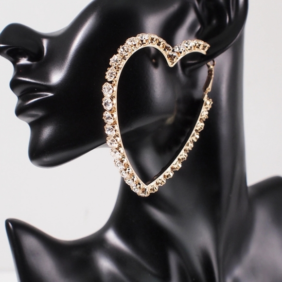 Gold Crystal Geometric Bling Heart Hoop Earrings Big Oversized Rhinestone Style - Picture 1 of 9